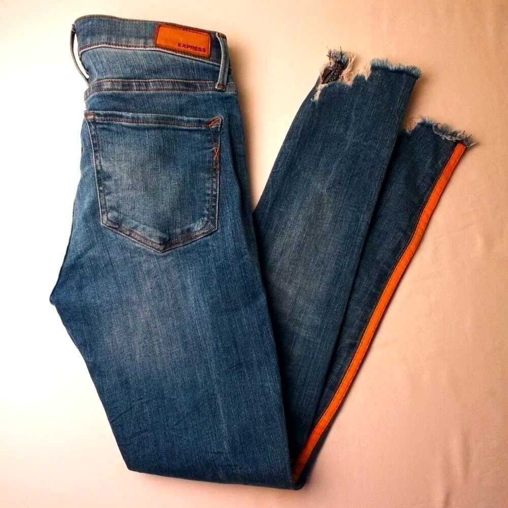 Express Womens Mid Rise Distressed Side Stripe Ankle Legging Jeans Size 4 Blue